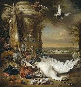 Jan Weenix A monkey and a dog beside dead game and fruit, with the estate of Rijxdorp near Wassenaar in the background oil on canvas